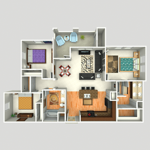 3D Floorplan of 3 Bedroom at Twin Creeks at Alamo Ranch Apartments, Texas